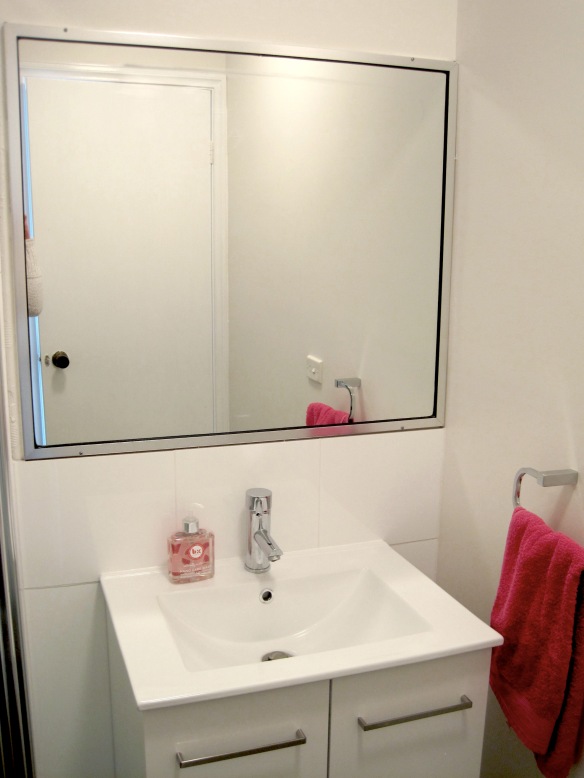 new bathroom with old style metal frame mirror