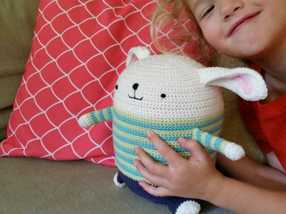 crochet bunny with stripy top
