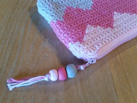 fimo bead zip pull in pinks and grey